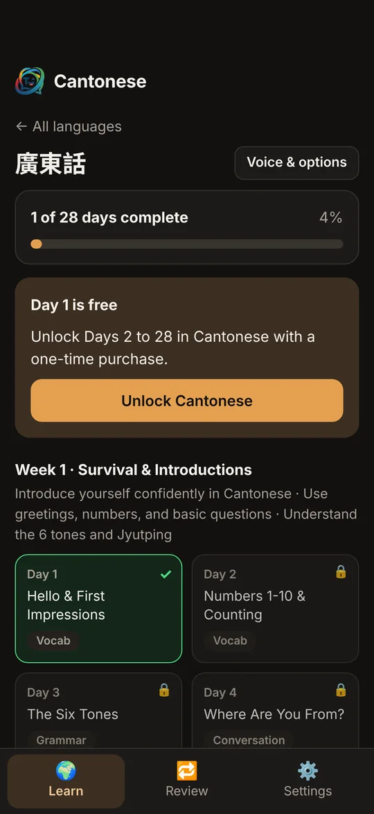 TalkADay Cantonese course screen with Day 1 free