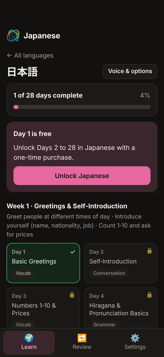 TalkADay Japanese course screen showing the 28-day plan