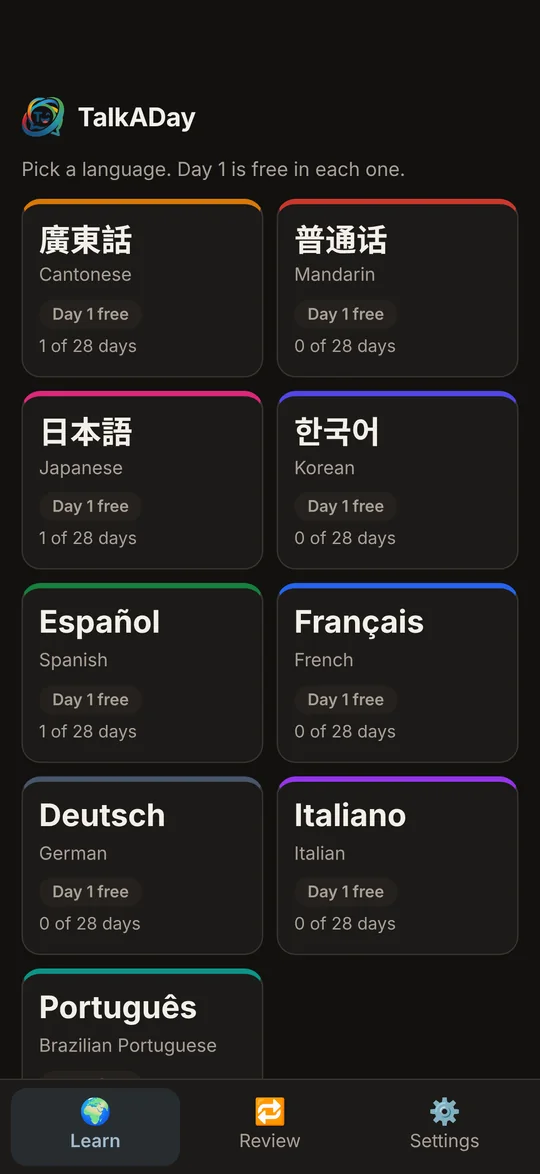 TalkADay home screen with nine language cards