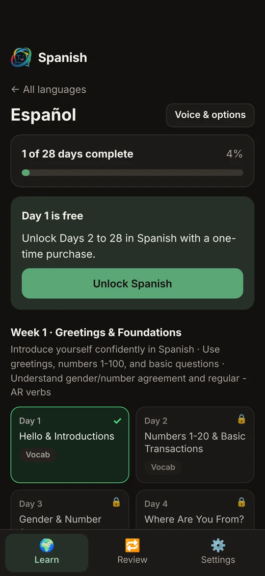 TalkADay Spanish course screen showing week one